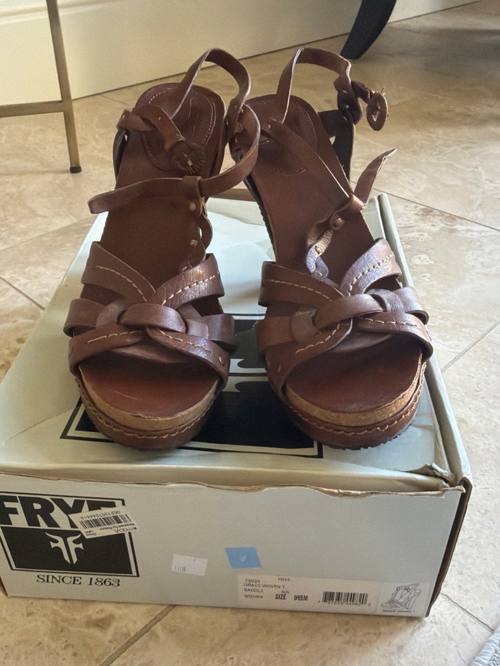 Frye Chestnut Brown Braided Leather Wedge Sandals